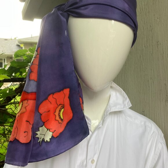 VTG 80s Silk Hand Painted Scarf Purple with Bright Flowers at Both Ends 53 X 11 - Picture 11 of 12